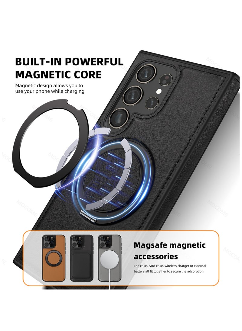 ICARLUS For Samsung Galaxy S23 Ultra PU Leather+PC+TPU Phone Cover Ring Kickstand Magnetic Phone Case - Black  - Image 3