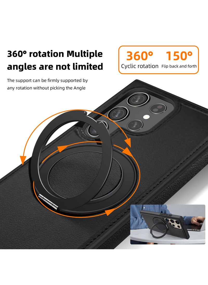 ICARLUS For Samsung Galaxy S23 Ultra PU Leather+PC+TPU Phone Cover Ring Kickstand Magnetic Phone Case - Black  - Image 2