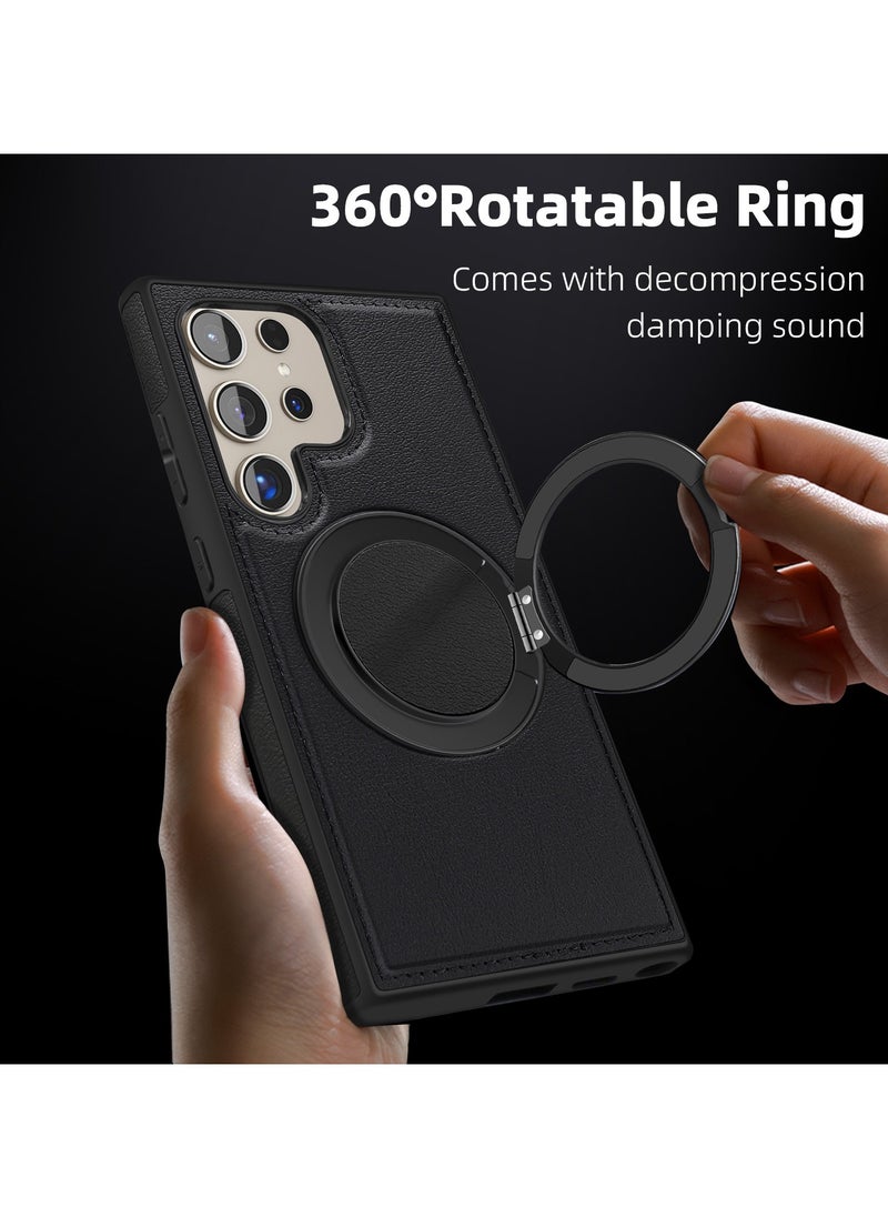 ICARLUS For Samsung Galaxy S23 Ultra PU Leather+PC+TPU Phone Cover Ring Kickstand Magnetic Phone Case - Black  - Image 5