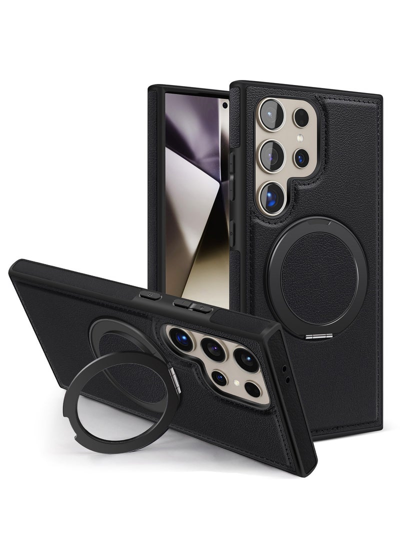 ICARLUS For Samsung Galaxy S23 Ultra PU Leather+PC+TPU Phone Cover Ring Kickstand Magnetic Phone Case - Black  - Image 1