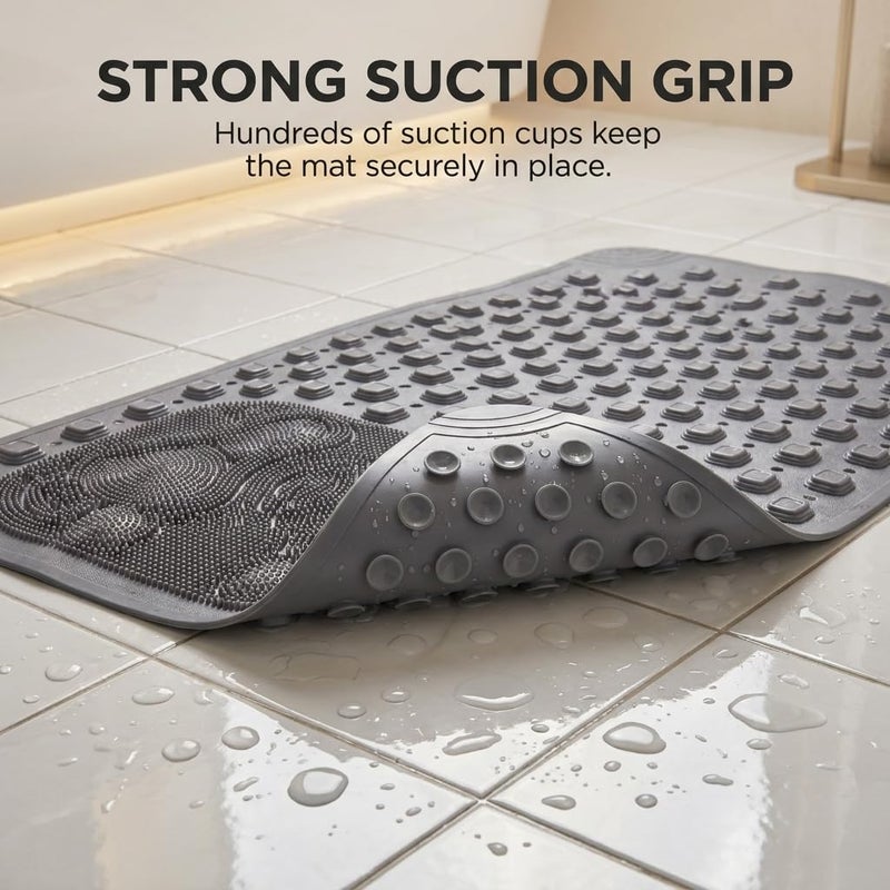 Non-Slip Bath Mat for Bathtub and Shower with Strong Suction Cups, Foot Massage and Drain Holes, Durable Silicone Material, 70x40cm - Grey - Image 3