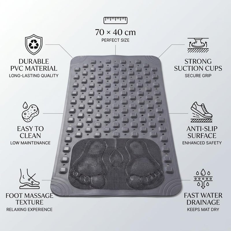 Non-Slip Bath Mat for Bathtub and Shower with Strong Suction Cups, Foot Massage and Drain Holes, Durable Silicone Material, 70x40cm - Grey - Image 5