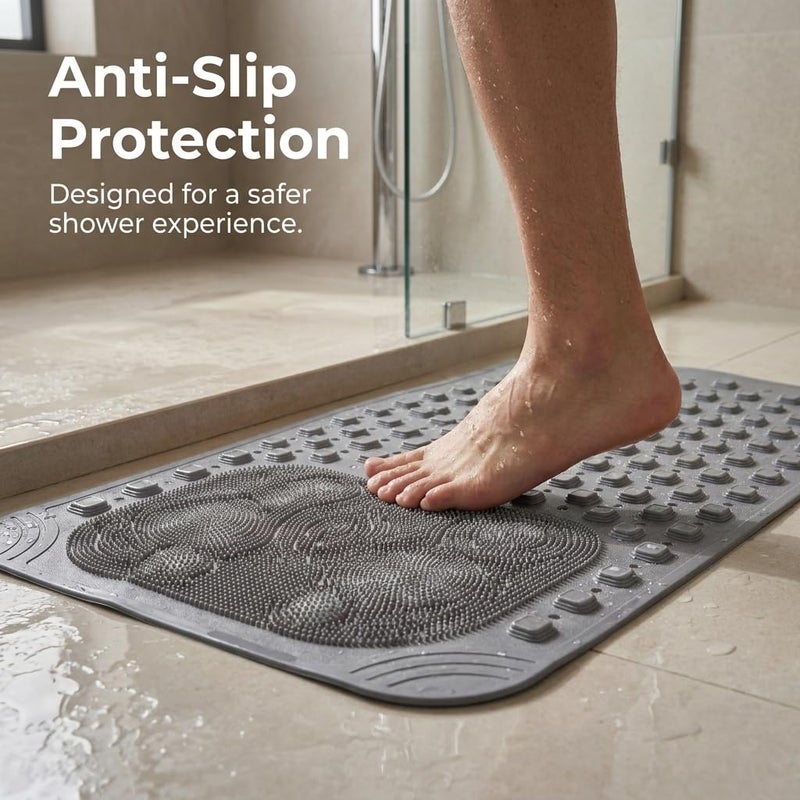 Non-Slip Bath Mat for Bathtub and Shower with Strong Suction Cups, Foot Massage and Drain Holes, Durable Silicone Material, 70x40cm - Grey - Image 2