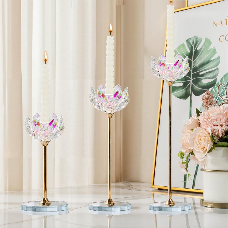 Dounx 3pcs Crystal Candle Holders, Lotus Flower Candlestick Holders with Mirror Base, Metal Stand, Elegant Table Centerpieces for Home Decor, Wedding, Party (Taper Candle) - Image 3