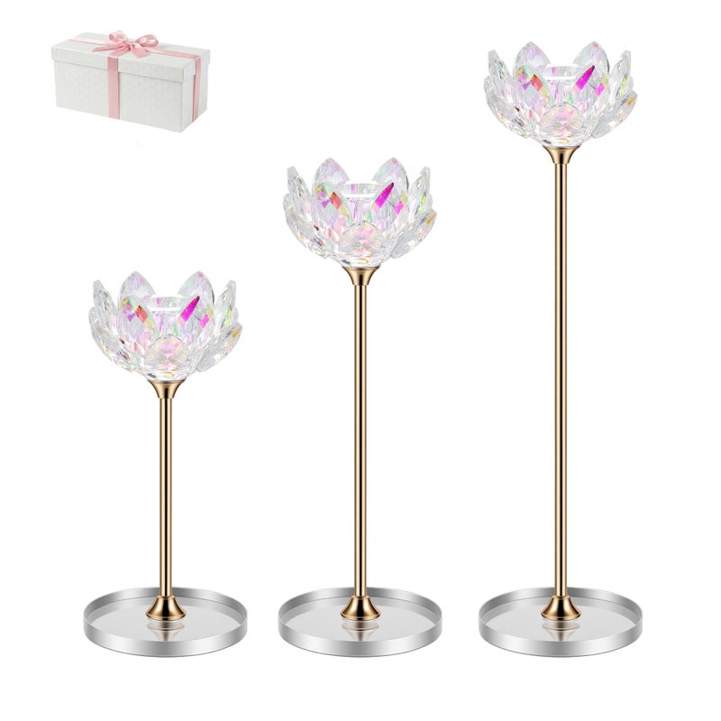 Dounx 3pcs Crystal Candle Holders, Lotus Flower Candlestick Holders with Mirror Base, Metal Stand, Elegant Table Centerpieces for Home Decor, Wedding, Party (Taper Candle) - Image 1