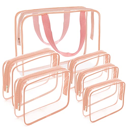 APREUTY Clear Makeup Bags, TSA Approved 6 Pcs Cosmetic Makeup Bags Set Clear PVC with Zipper Handle Portable Travel Luggage Pouch Airport Airline Vacation Organization (Pink) - Image 1