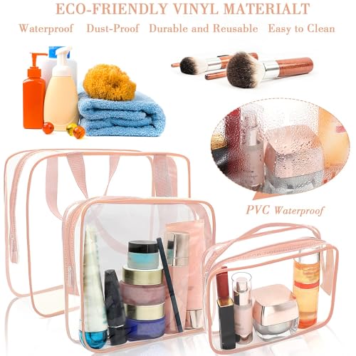 APREUTY Clear Makeup Bags, TSA Approved 6 Pcs Cosmetic Makeup Bags Set Clear PVC with Zipper Handle Portable Travel Luggage Pouch Airport Airline Vacation Organization (Pink) - Image 3