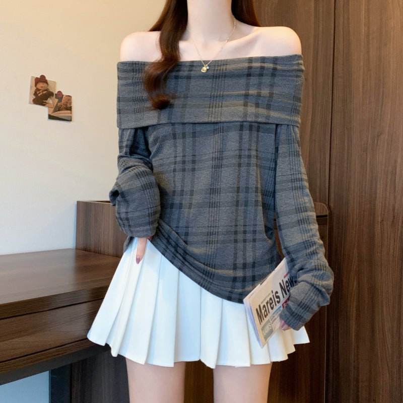 Plus-Size Early Autumn Retro Color-Blocking Off-Shoulder Plaid Slim-Fit Top For Slightly Chubby Figures - Image 1