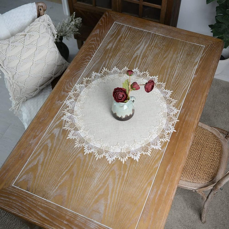 ARTABLE Grey Lace Doily Linen Table Topper Scarf Placemat Round Small Coffee Farmhouse Table Cover Rustic for Kitchen Home Dining Stone Grey 23 Inch Round - Image 2