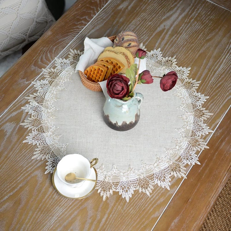 ARTABLE Grey Lace Doily Linen Table Topper Scarf Placemat Round Small Coffee Farmhouse Table Cover Rustic for Kitchen Home Dining Stone Grey 23 Inch Round - Image 4