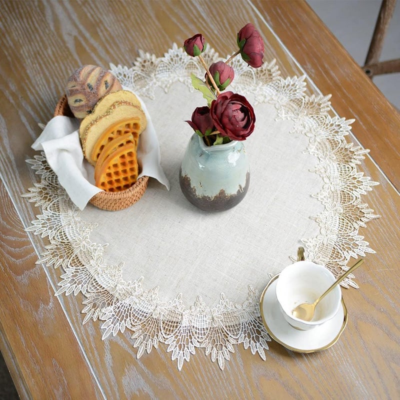 ARTABLE Grey Lace Doily Linen Table Topper Scarf Placemat Round Small Coffee Farmhouse Table Cover Rustic for Kitchen Home Dining Stone Grey 23 Inch Round - Image 1