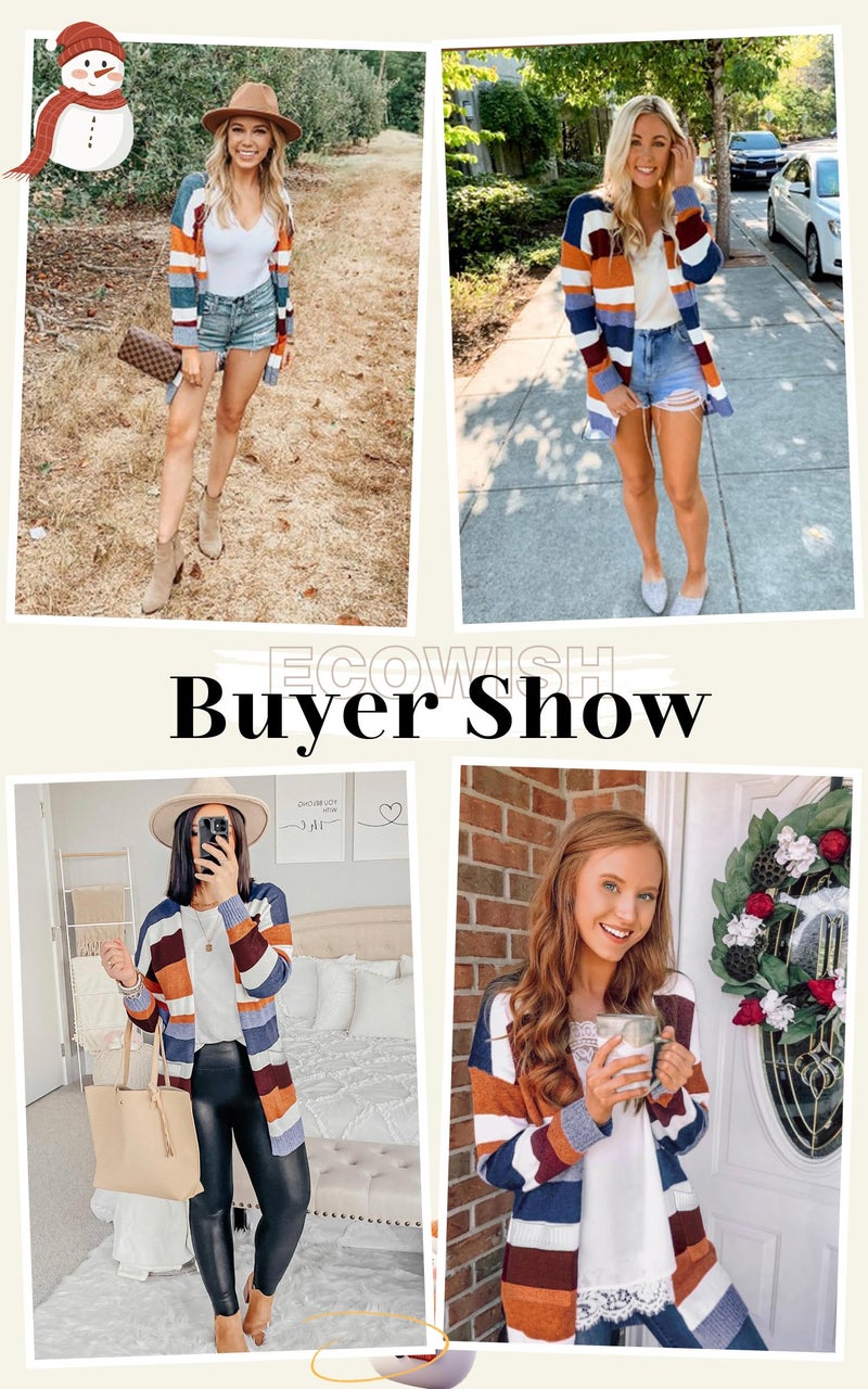 ECOWISH Women Cardigan Sweaters Long Floral Striped Winter Fall Long Sleeve Open Front Cozy Knitted Daisy Fuzzy Coats Outwear Floral Large - Image 3