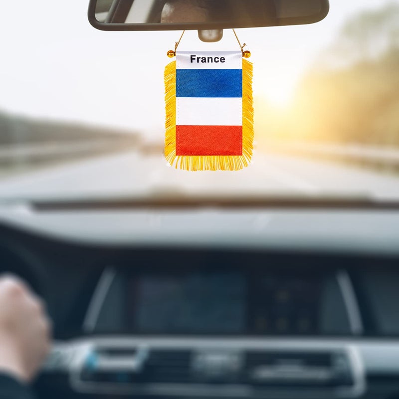 WXTWK 3 X 5 Inch France Flag French Window Hanging Flag Small Mini Car Flags Banners Rearview Mirror Decoration With Suction Cup Golden Fringy Banner - Image 4
