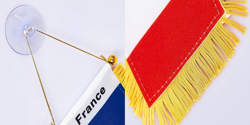 WXTWK 3 X 5 Inch France Flag French Window Hanging Flag Small Mini Car Flags Banners Rearview Mirror Decoration With Suction Cup Golden Fringy Banner - Image 3