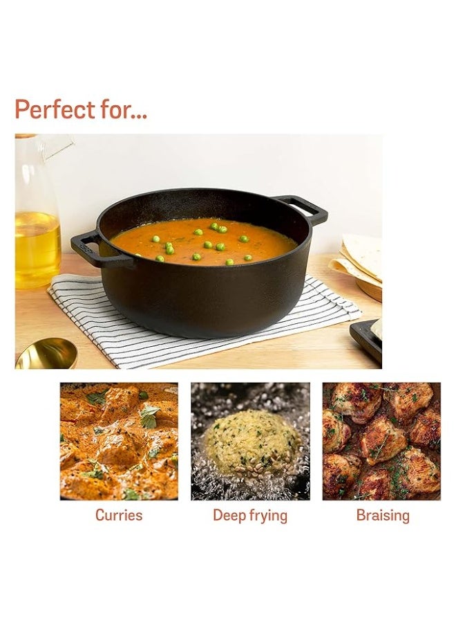 Meyer Pre-Seasoned Cast Iron Dutch Oven | Biryani Pot | Cast Iron Casserole with Heavy Bottom |Cooking Pot with Lid| Biryani Pot Induction Bottom| Stew Pot| Cast Iron Cookware 24cm/ 4.6 Litre, Black - Image 3