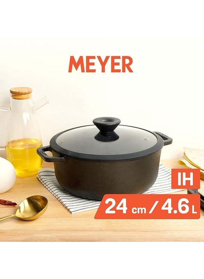 Meyer Pre-Seasoned Cast Iron Dutch Oven | Biryani Pot | Cast Iron Casserole with Heavy Bottom |Cooking Pot with Lid| Biryani Pot Induction Bottom| Stew Pot| Cast Iron Cookware 24cm/ 4.6 Litre, Black - Image 2