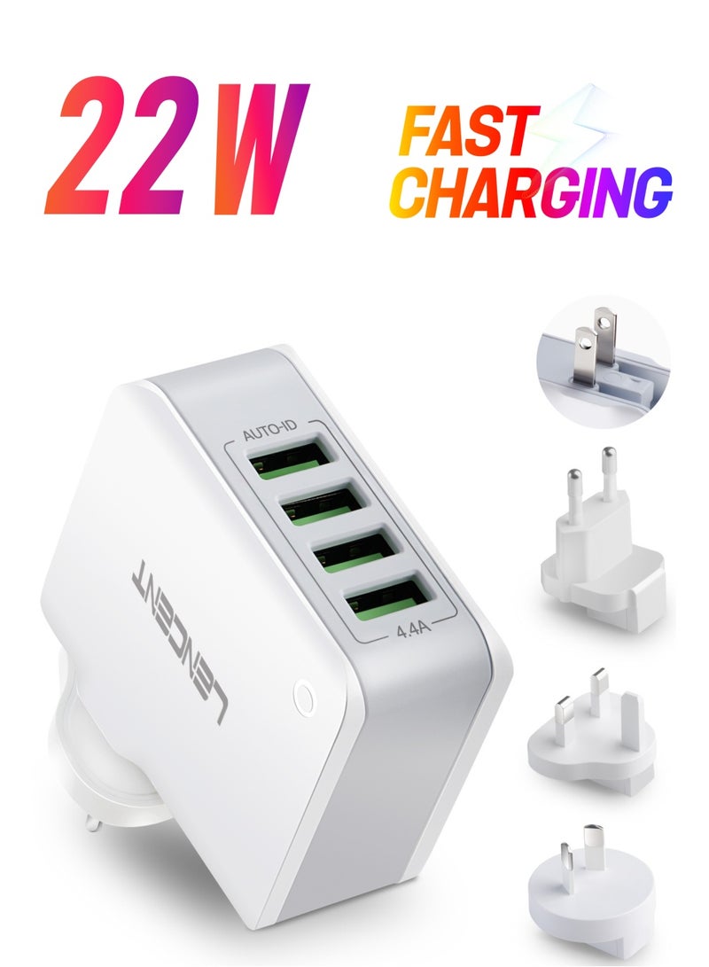Lencent LENCENT USB Charger Plug, 4-Port USB Universal Travel Adaptor, 22W/5V 4.4A Wall Charger with UK/USA/EU/AUS Worldwide Travel Charger Adapter for iPhone, iPad, Android Phones, Tablets, and More - Image 1