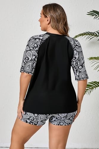 ALLTOKE Womens Plus Size Short Sleeve Rash Guard Sets Swim Shirts with Shorts UPF50 Two Piece Swimsuit Black Paisley 1X - Image 3