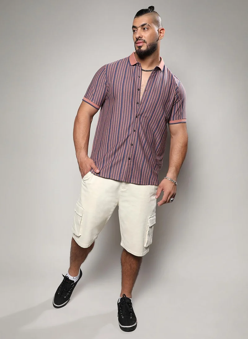 Instafab Plus Instafab Plus Men's Brown & Blue Contrast Knitted Shirt For Casual Wear | Spread Collar | Short Sleeve | Button Closure | Cotton Shirts Crafted With Comfort Fit For Everyday Wear