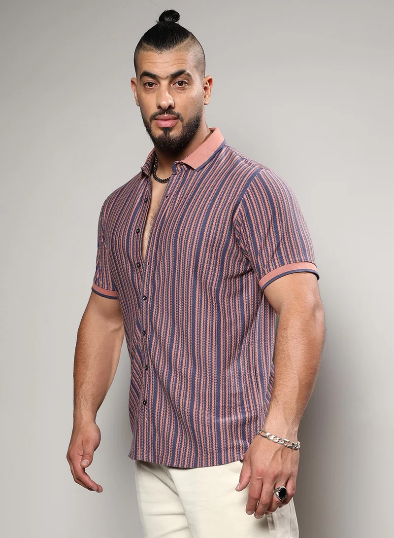 Instafab Plus Instafab Plus Men's Brown & Blue Contrast Knitted Shirt For Casual Wear | Spread Collar | Short Sleeve | Button Closure | Cotton Shirts Crafted With Comfort Fit For Everyday Wear