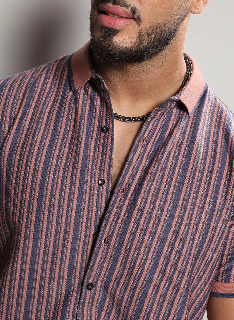 Instafab Plus Instafab Plus Men's Brown & Blue Contrast Knitted Shirt For Casual Wear | Spread Collar | Short Sleeve | Button Closure | Cotton Shirts Crafted With Comfort Fit For Everyday Wear