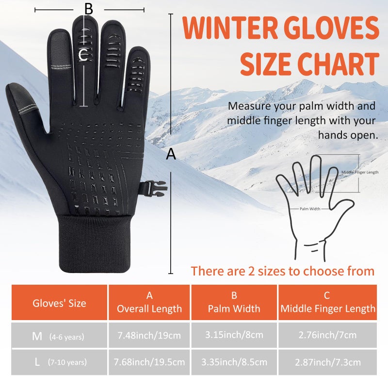 YUHAN PRETTY Kids Winter Gloves Waterproof Touchscreen Warm Fleece Anti-Slip for Boys Girls Children 4-10 Years Back(BlackL) - Image 5