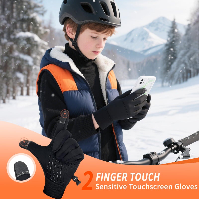 YUHAN PRETTY Kids Winter Gloves Waterproof Touchscreen Warm Fleece Anti-Slip for Boys Girls Children 4-10 Years Back(BlackL) - Image 3