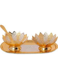 Garden Of Arts Garden Of Arts Fancy Metal Gold And Silver Plated Floral Flower Shape 5 Pieces Set 2 Bowls 2 Spoons 1 Tray In Red Velvet Box Ideal For Dryfruits Party Prop Also Known As Pandan  - Image 1