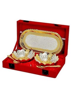 Garden Of Arts Garden Of Arts Fancy Metal Gold And Silver Plated Floral Flower Shape 5 Pieces Set 2 Bowls 2 Spoons 1 Tray In Red Velvet Box Ideal For Dryfruits Party Prop Also Known As Pandan  - Image 2
