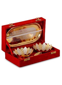 Garden Of Arts Garden Of Arts Fancy Metal Gold And Silver Plated Floral Flower Shape 5 Pieces Set 2 Bowls 2 Spoons 1 Tray In Red Velvet Box Ideal For Dryfruits Party Prop Also Known As Pandan  - Image 3