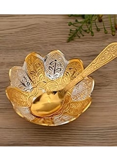 Garden Of Arts Garden Of Arts Fancy Metal Gold And Silver Plated Floral Flower Shape 5 Pieces Set 2 Bowls 2 Spoons 1 Tray In Red Velvet Box Ideal For Dryfruits Party Prop Also Known As Pandan  - Image 4