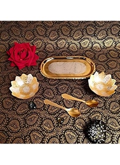 Garden Of Arts Garden Of Arts Fancy Metal Gold And Silver Plated Floral Flower Shape 5 Pieces Set 2 Bowls 2 Spoons 1 Tray In Red Velvet Box Ideal For Dryfruits Party Prop Also Known As Pandan  - Image 5