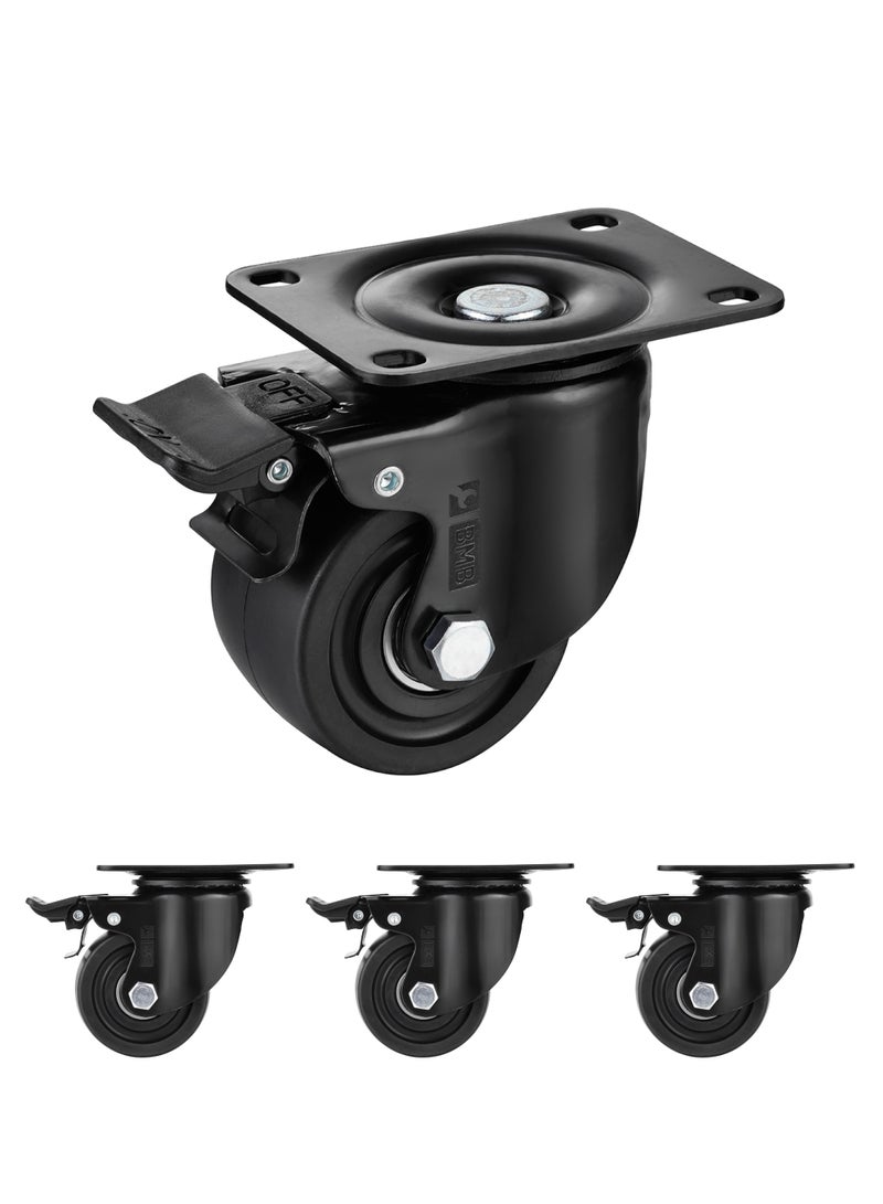LAWAZIM BMB 2.5-inch Plate Swivel with Brake Caster Wheels Set of 4 Heavy Duty, Load Capacity 1600lbs, Low Gravity Center Black Extra Width Caster, Durable & Quiet Nylon Wheels for Industrial - Image 1