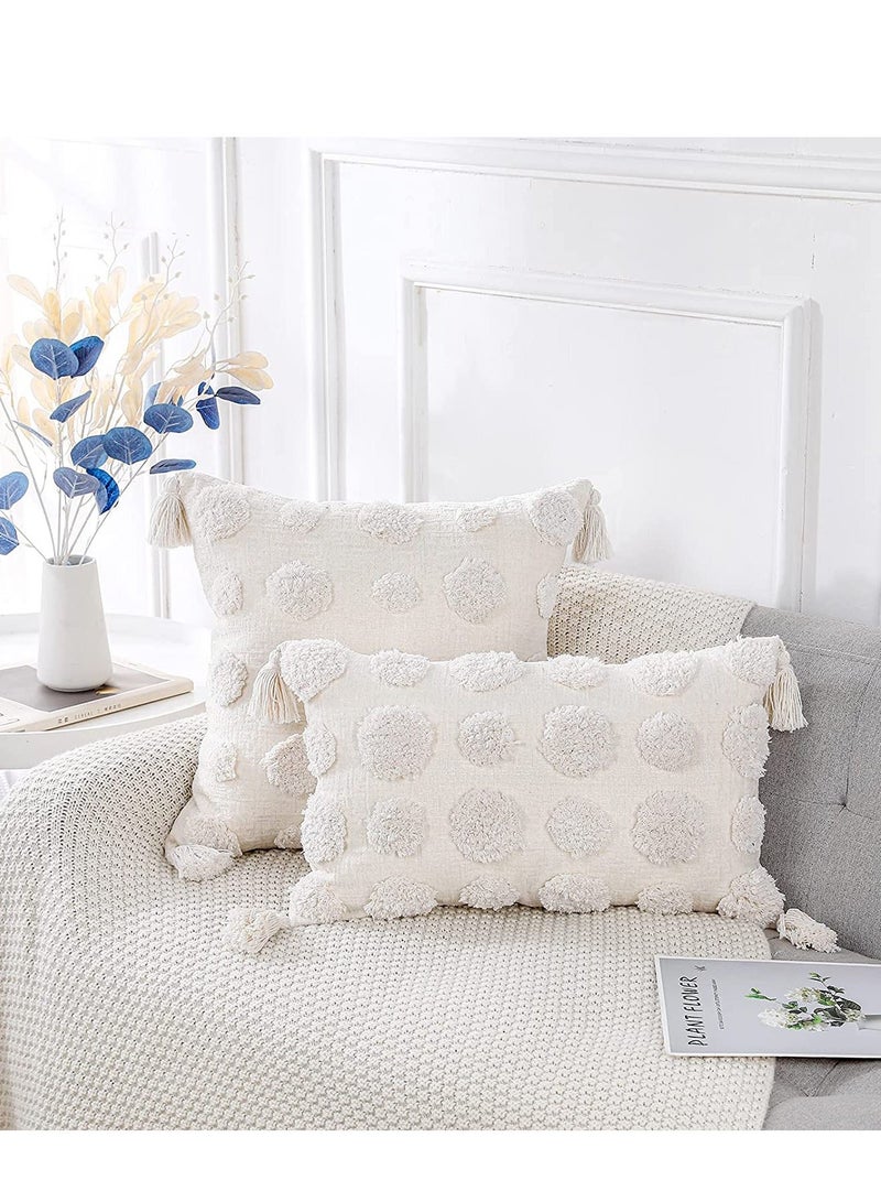 Pillow Covers of White Tufted Throw, with Tassel 12x20 inch, Soft Cream Chenille Decorative Lumbar Cushion Case Pillowcase for Couch Sofa Bedroom Living Room Farmhouse  - Image 2