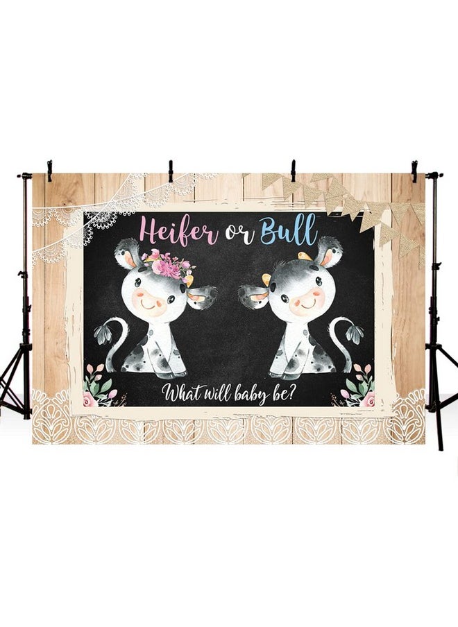 MEHOFOND 8X6Ft Cow Gender Reveal Backdrop Heifer Or Bull Girl Or Boy Floral Retro Rustic Wood Lace Farm Photography Background Party Banner Cake Table Decoration Photobooth Prop  - Image 3