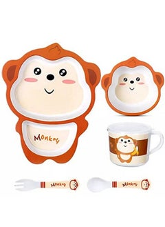 HS Enterprise Bamboo Baby Tableware Set Eco Friendly Bamboo Fiber Dinner Set For Weaning Toddlers Kids Set Of Plate Bowl Cup Fork And Spoon Baby Feeding Utensils For Kids And Toddlers (Monkey)  - Image 2