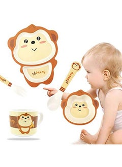 HS Enterprise Bamboo Baby Tableware Set Eco Friendly Bamboo Fiber Dinner Set For Weaning Toddlers Kids Set Of Plate Bowl Cup Fork And Spoon Baby Feeding Utensils For Kids And Toddlers (Monkey)  - Image 5