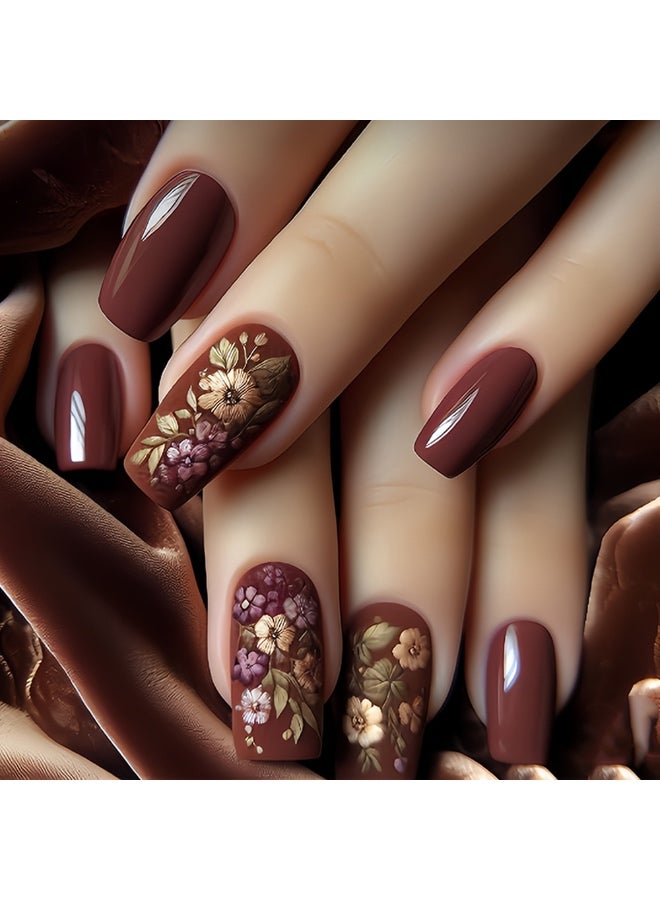 Brown Floral Hand-Painted Press-On Nails - 24 Pcs Full Cover False Nail Set for Women - Image 1