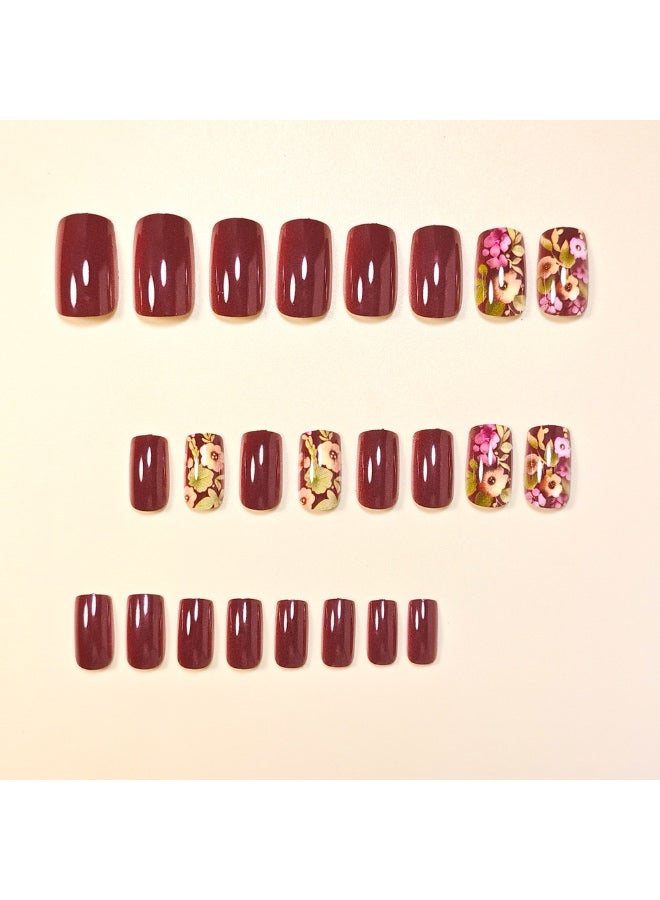 Brown Floral Hand-Painted Press-On Nails - 24 Pcs Full Cover False Nail Set for Women - Image 2