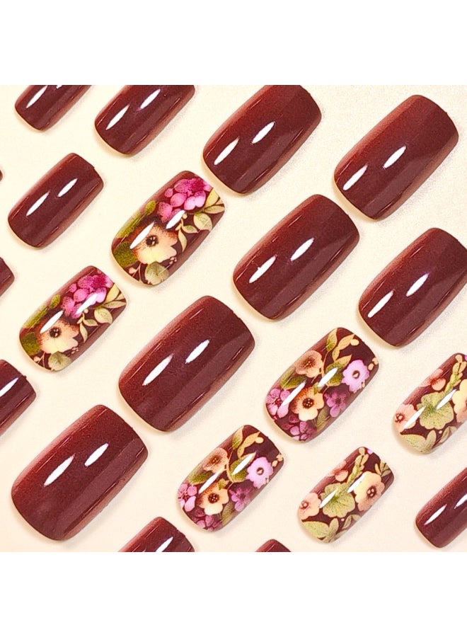 Brown Floral Hand-Painted Press-On Nails - 24 Pcs Full Cover False Nail Set for Women - Image 3