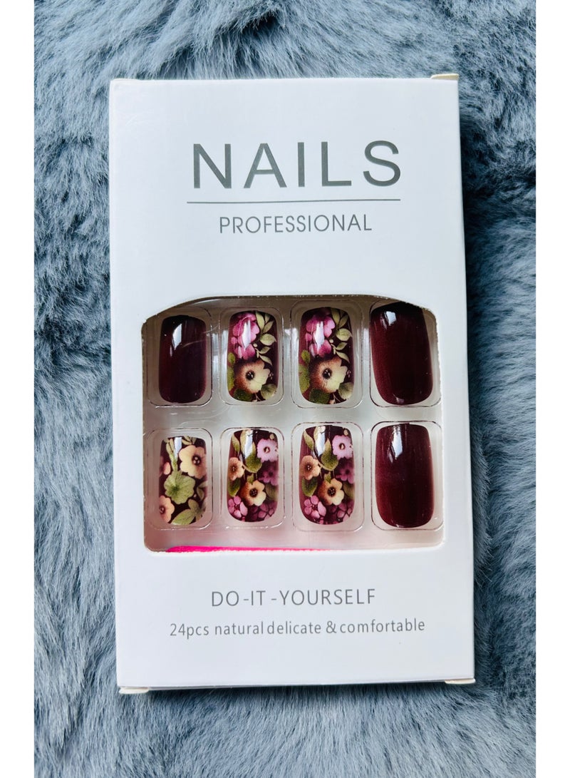 Brown Floral Hand-Painted Press-On Nails - 24 Pcs Full Cover False Nail Set for Women - Image 5