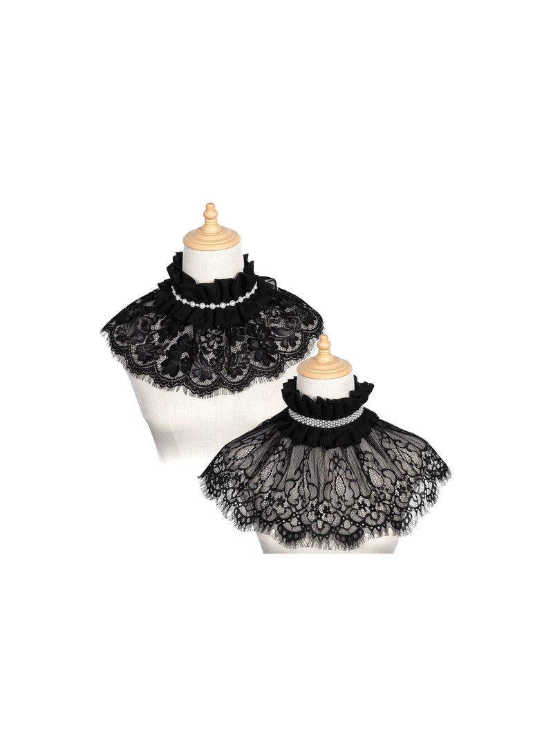 SYOSI Neck Ruffle Collar, Fake Collar Black Lace Lolita Neck Ruffle Collar Cape, Detachable Elizabethan Style False Floral Layered Collar for Women Girls Evening Dress Accessory for Women Girls(2 Pcs) - Image 1