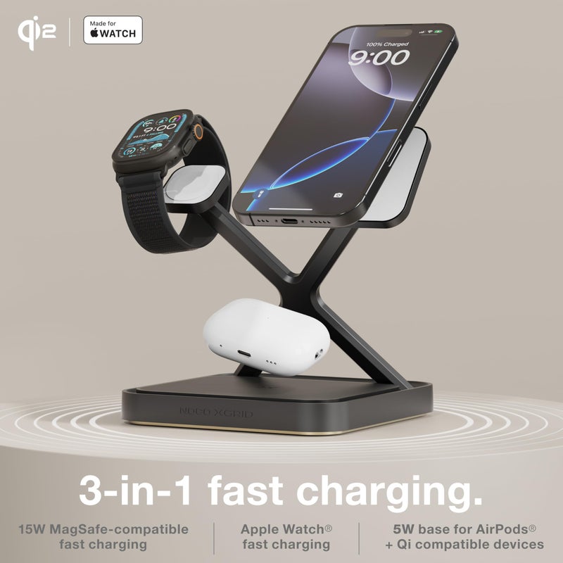 NOCO XGrid XDS3: 3-in-1 Wireless Charging Stand â€“ Charging Station for iPhone, Apple Watch, and AirPods â€“ MagSafe Compatible, Qi2 Certified â€“ Includes 45W USB-C Wall Charger and 6.5-Foot USB-C Cable - Image 2