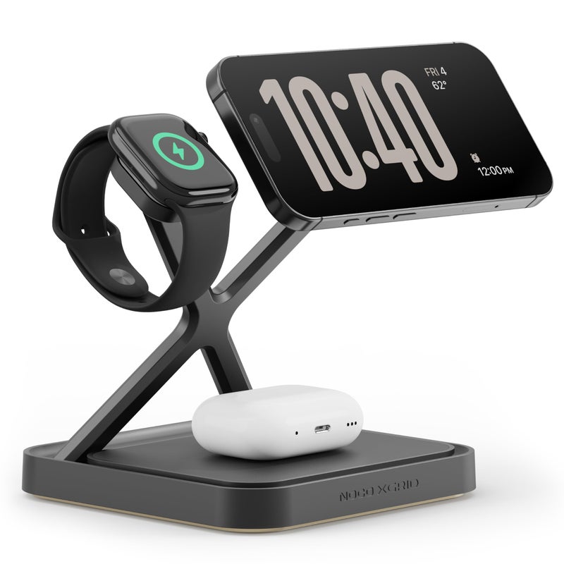 NOCO XGrid XDS3: 3-in-1 Wireless Charging Stand â€“ Charging Station for iPhone, Apple Watch, and AirPods â€“ MagSafe Compatible, Qi2 Certified â€“ Includes 45W USB-C Wall Charger and 6.5-Foot USB-C Cable - Image 1