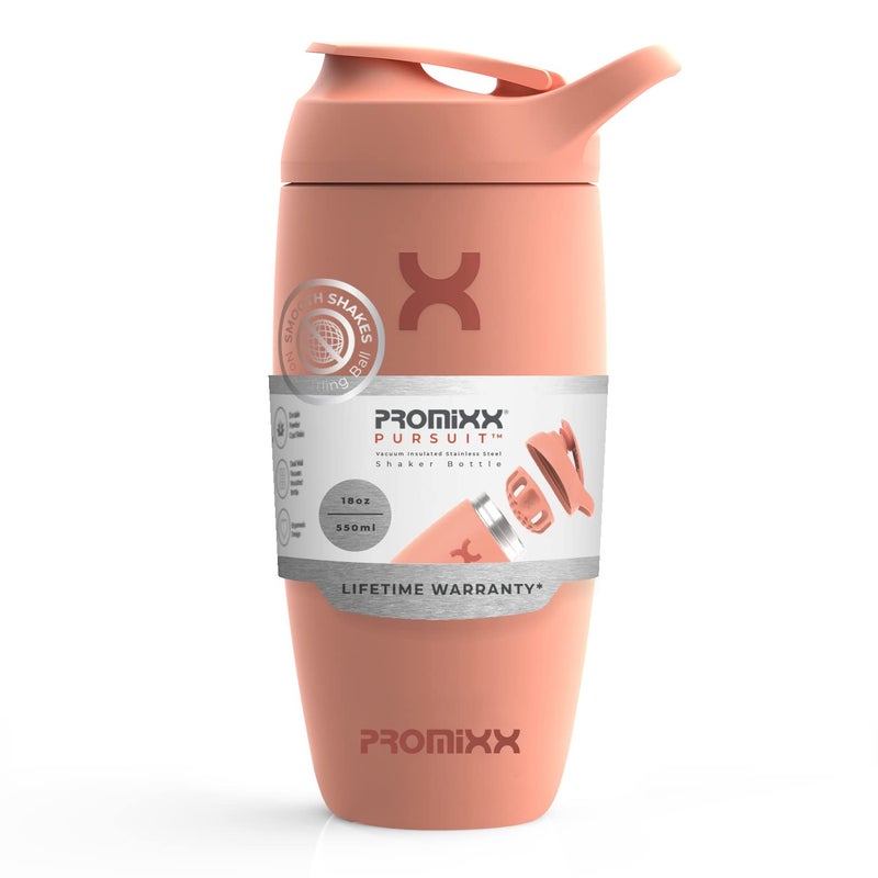 Promixx Pursuit Shaker Bottle Insulated Stainless Steel Water Bottle and shaker Cup 18oz Coral