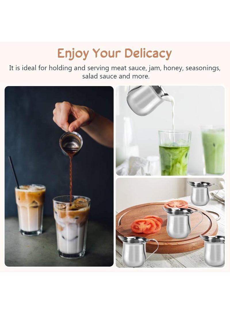 SYOSI Small Milk Jug Set, 90ml/3oz Stainless Steel Creamer Pitchers, Mini Syrup Servers with Handle, Bell Creamers for Coffee and Sauces, Durable, Elegant, Ideal for Home or Café Use(6 PCS, Silver) - Image 3