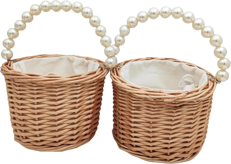 Yuudar Rustic Wicker Rattan Wedding Flower Girl Baskets,Woven Rattan Storage Basket with Pearl Handles,Woven Eggs Candy Basket for Wedding Home Garden Decor (A - 2PCS) - Image 1