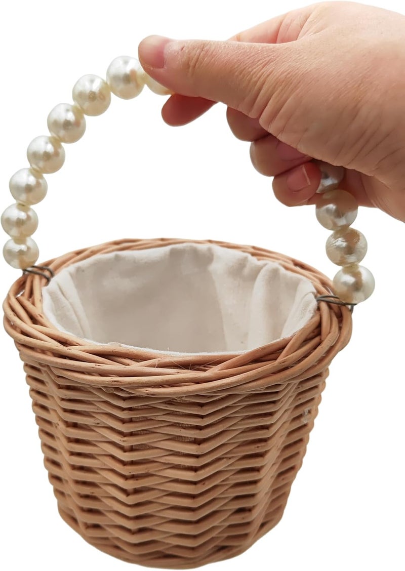 Yuudar Rustic Wicker Rattan Wedding Flower Girl Baskets,Woven Rattan Storage Basket with Pearl Handles,Woven Eggs Candy Basket for Wedding Home Garden Decor (A - 2PCS) - Image 4
