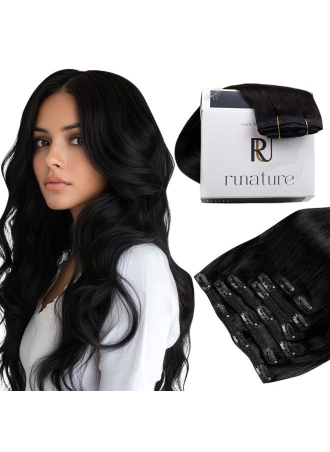 RUNATURE Black Hair Extensions Clip in Human Hair, Thick Natural Remy Hair Clip in Extensions for Black Women, Full Head Hair Silky Straight 12 Inch 80g 7pcs #1B Off Black  - Image 1