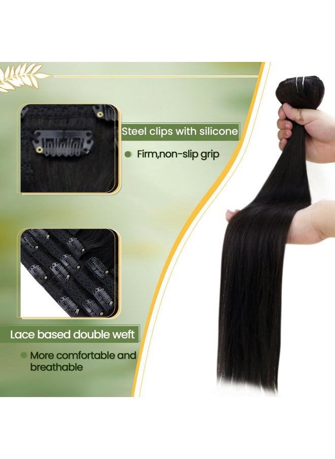 RUNATURE Black Hair Extensions Clip in Human Hair, Thick Natural Remy Hair Clip in Extensions for Black Women, Full Head Hair Silky Straight 12 Inch 80g 7pcs #1B Off Black  - Image 4
